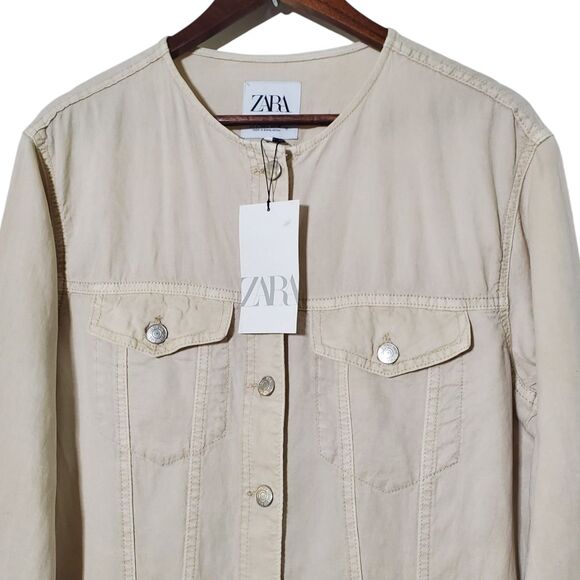 ZARA BEIGE LINEN COTTON BLEND STRAIGHT LEG LONG JUMPSUIT  WITH POCKETS Sz Large - Picture 3 of 10